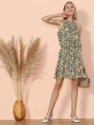 Halter Neck Tie Back Boho Floral Print Sleeveless Elastic Waist Mini Dress - Yellow