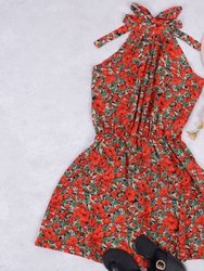 Halter Neck Tie Back Boho Floral Print Sleeveless Elastic Waist Mini Dress - Red