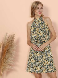 Halter Neck Tie Back Boho Floral Print Sleeveless Elastic Waist Mini Dress