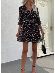 Heart Print Surplice Neck Dress