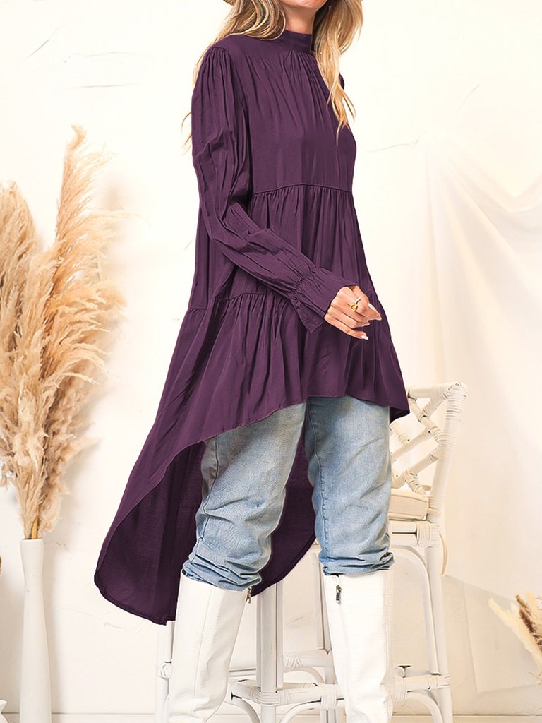 High-Low Ruffle Tiered Long Sleeve Top - Purple