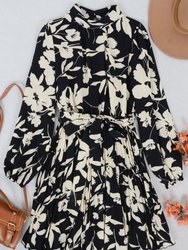 High Neck Floral Pleated Dress - Black