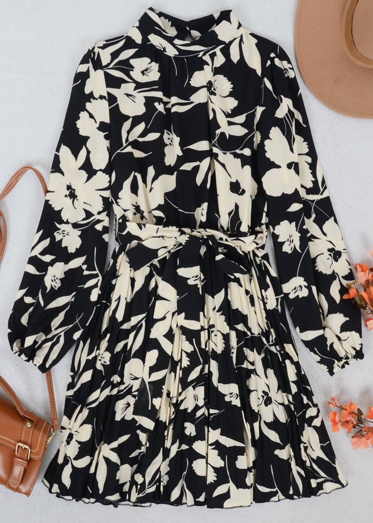 High Neck Floral Pleated Dress - Black