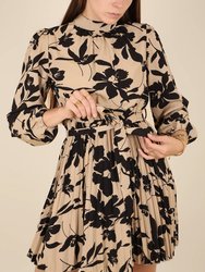 High Neck Floral Pleated Dress