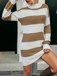 High Neck Striped Sweater Dress - Beige