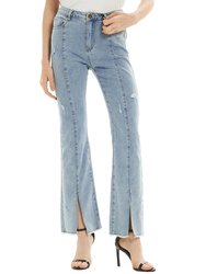 High Waist Distressed Slit Denim Jeans Long Pants With Pockets - Light Denim