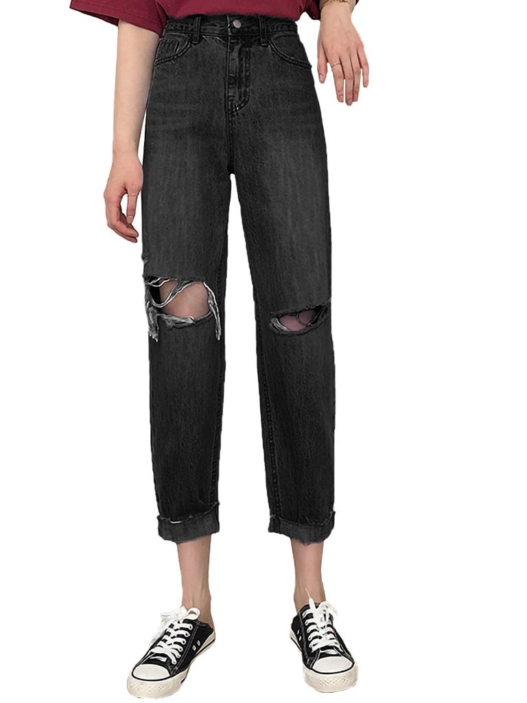 High Waist Ripped Boyfriend Jeans - A-Black