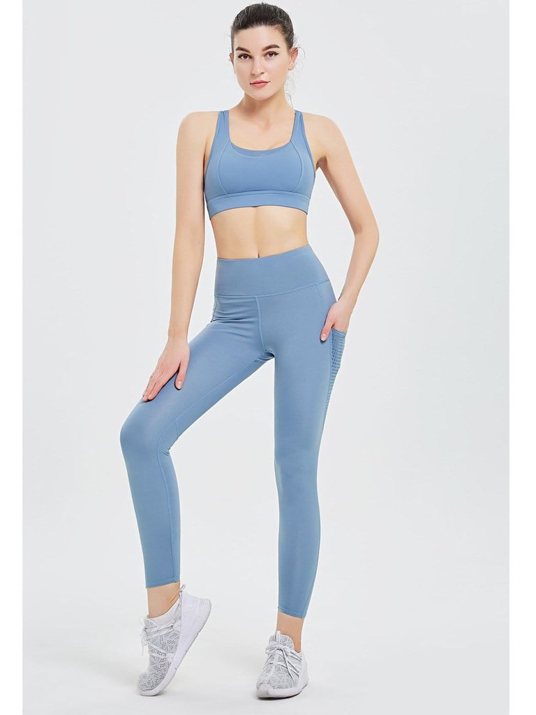 High Waist Yoga Pants With Pockets Tummy Control Leggings - Blue