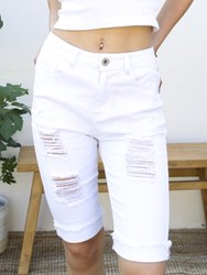 High Waisted Ripped Denim Shorts - White