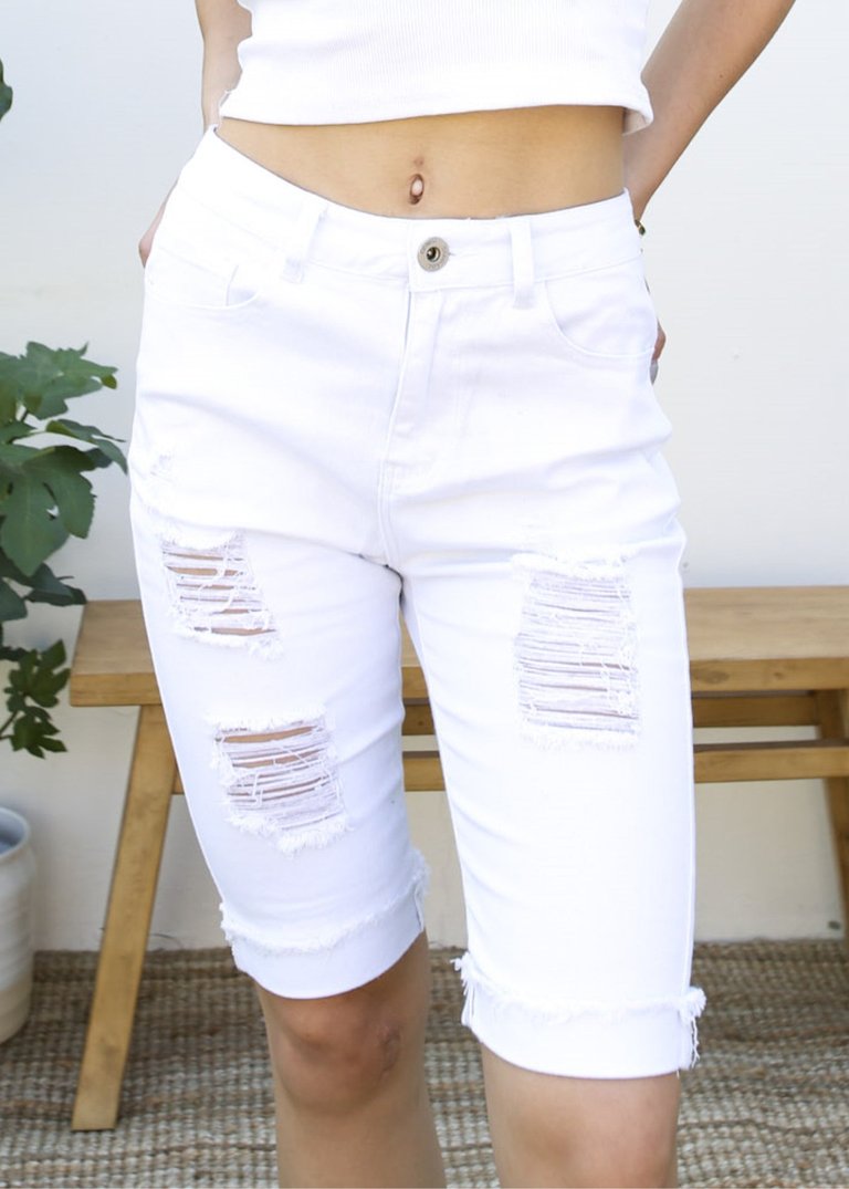 High Waisted Ripped Denim Shorts - White