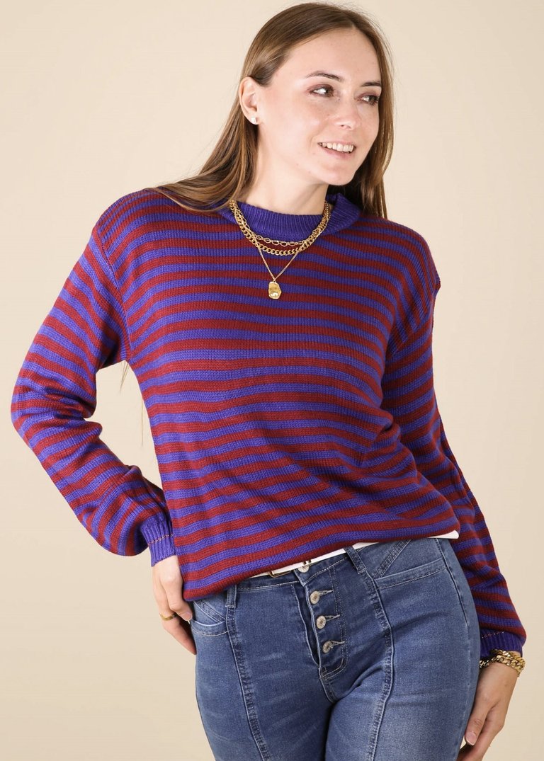 Horizontal Striped Knitted Round Collar Sweater