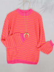 Horizontal Striped Knitted Round Collar Sweater - Rose Gold