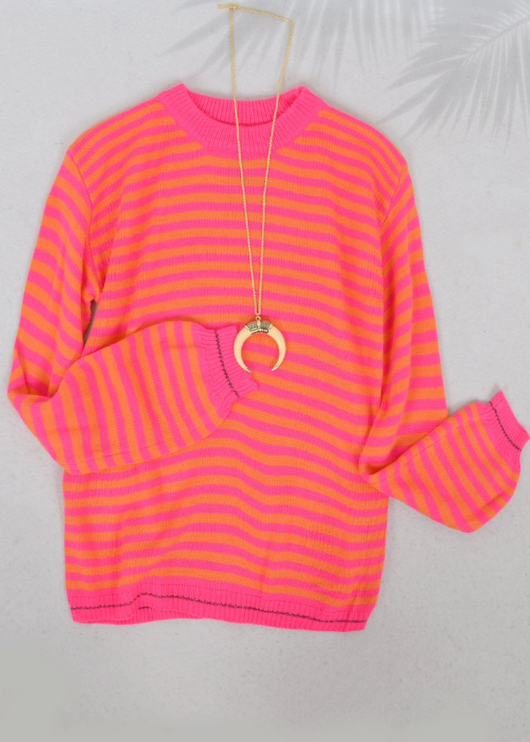 Horizontal Striped Knitted Round Collar Sweater - Rose Gold