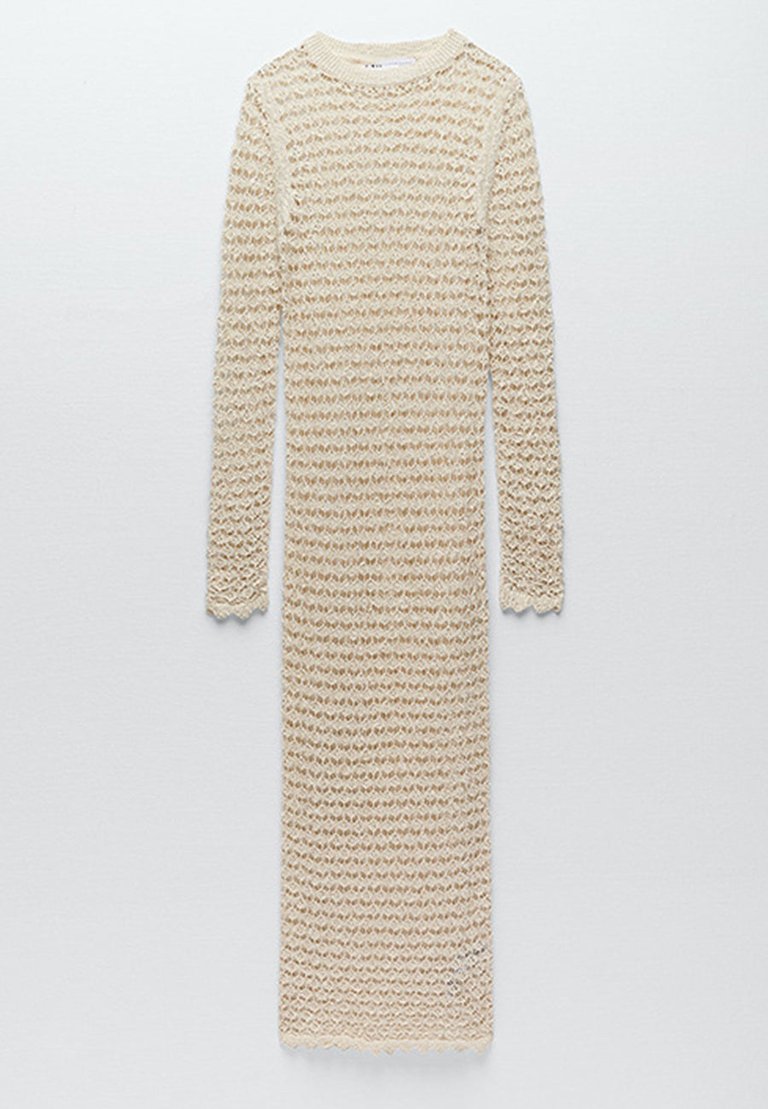 Knit Long Sleeve Cover-Up Midi Dress - Beige