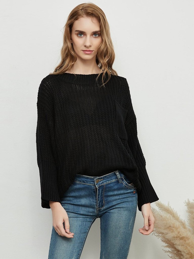 Knitted Turtleneck Sweater With Batwing Sleeves - Black