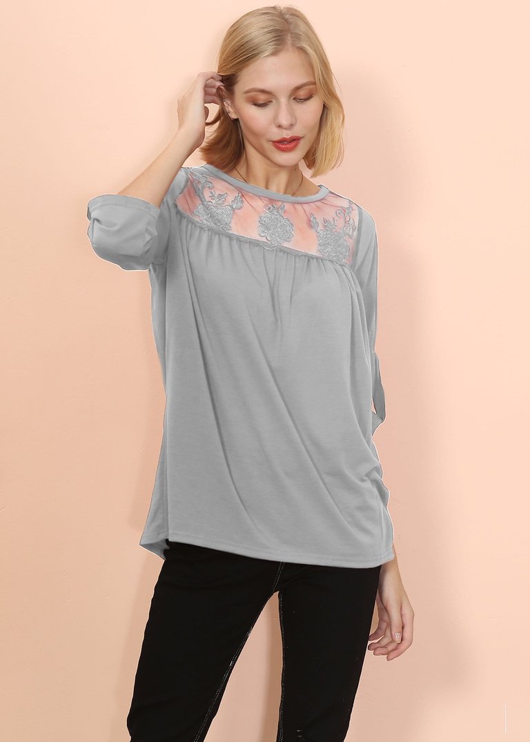 Lace Detail Mid Elbow Blouse - Gray