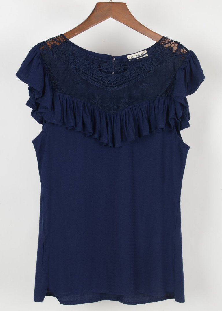 Lace Detail Ruffle Blouse - Navy