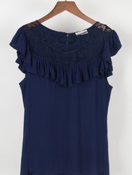 Lace Detail Ruffle Blouse - Navy