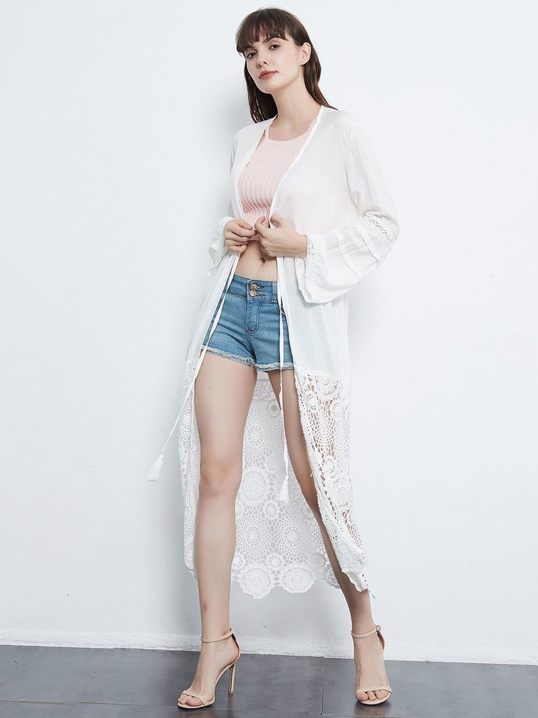 Lace Floral Crochet Embroidered Long Sleeve Drawstring Patchwork Kimono Cardigan