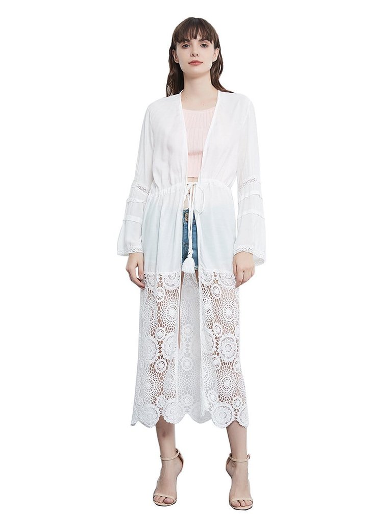 Lace Floral Crochet Embroidered Long Sleeve Drawstring Patchwork Kimono Cardigan - White