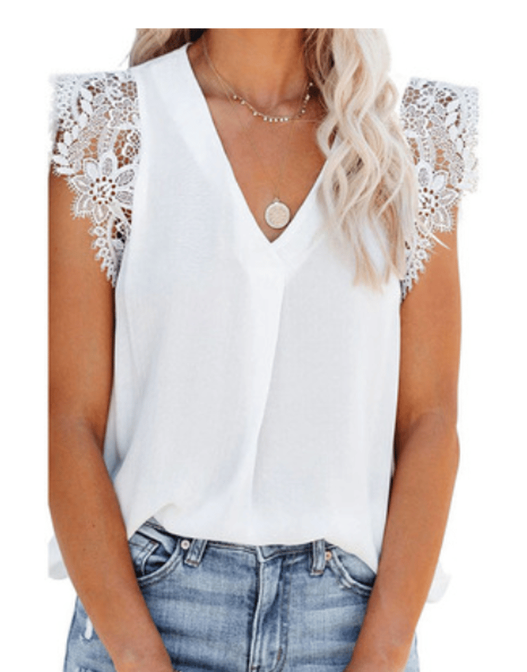 Lace Pleated Tank Blouse - White