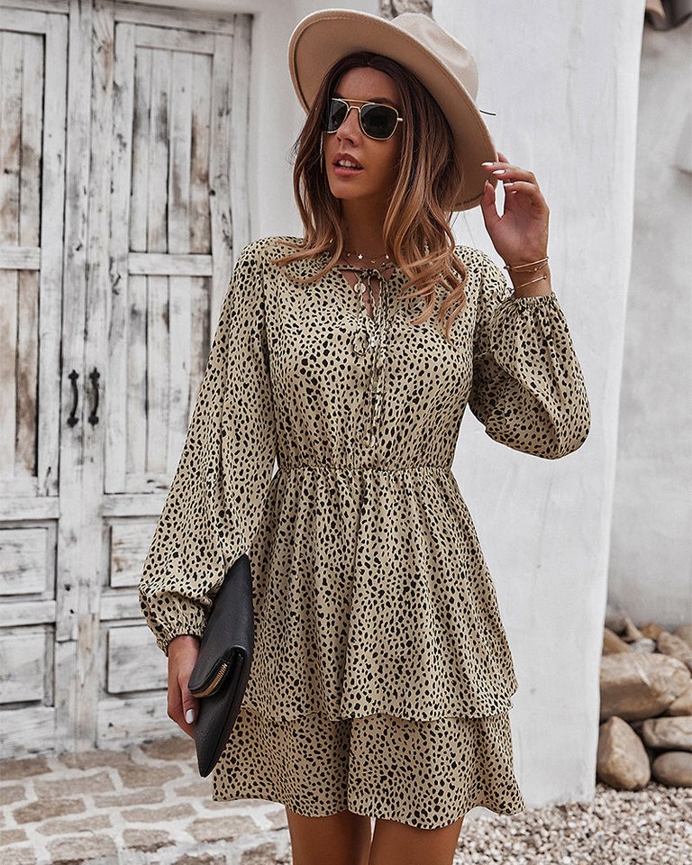 Layered Skirt Cheetah Print Dress - Beige