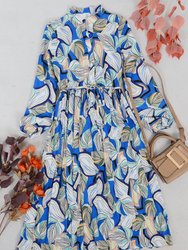 Leaf Print Button Shirt Dress - Blue