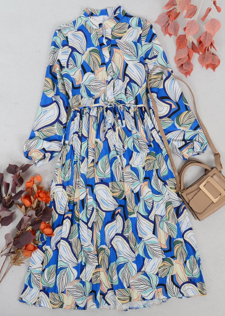 Leaf Print Button Shirt Dress - Blue