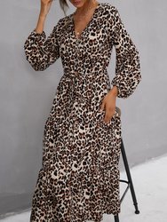 Leopard Print Flowy Midi Dress - Beige