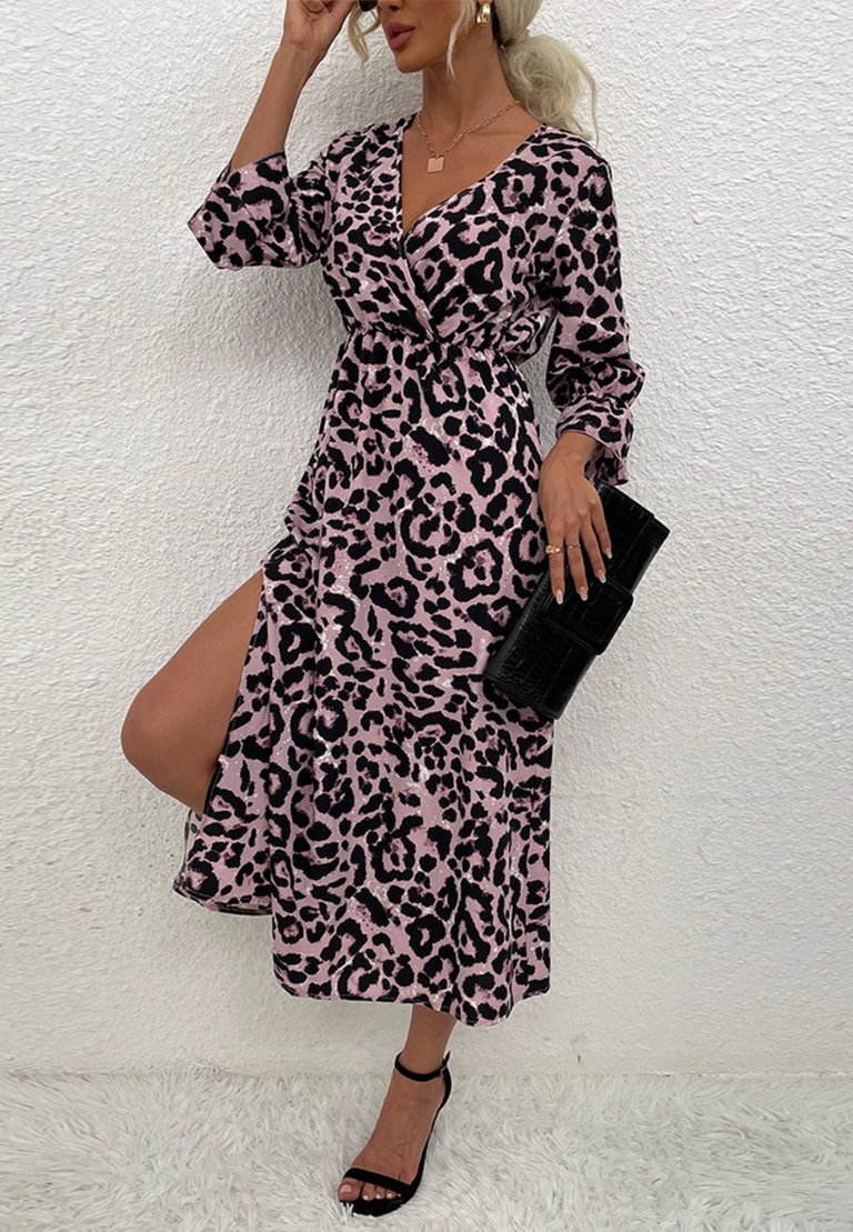 Leopard Print Three Quarter Sleeve Dress - Mauve Pink