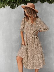 Leopard Print Tie Waist Dress - Beige