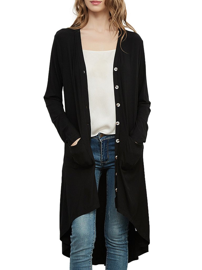 Long Sleeve Button Down Knit Ribbed Cardigan - Black