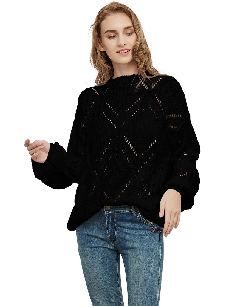 Long Sleeve Patterned Pullover Sweater - Black