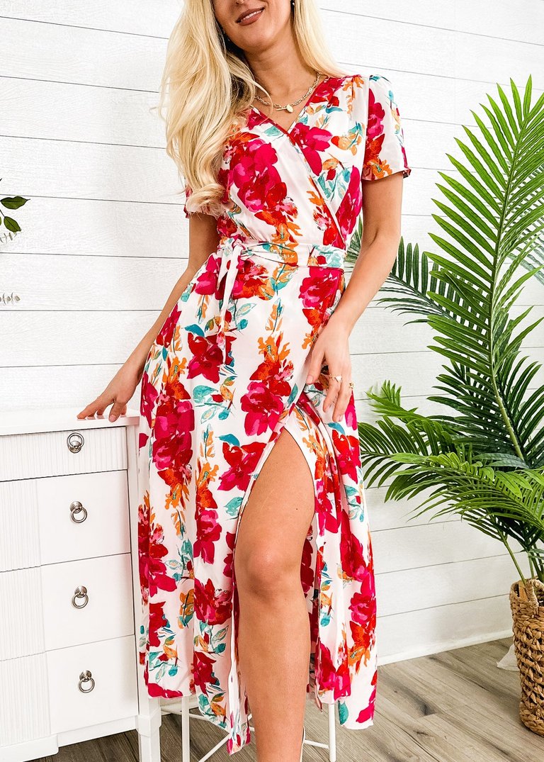 Lux Wrap Floral Print Dress - Red
