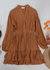 Mandarin Collar Tiered Ruffle Dress - Brown