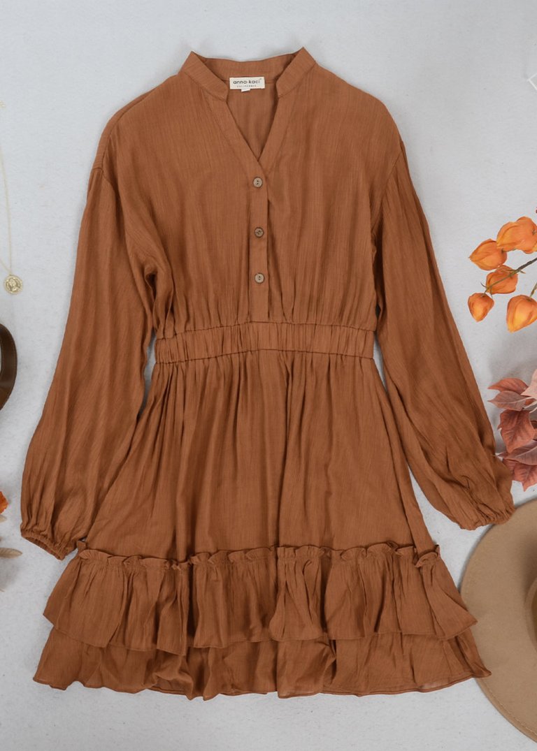 Mandarin Collar Tiered Ruffle Dress - Brown