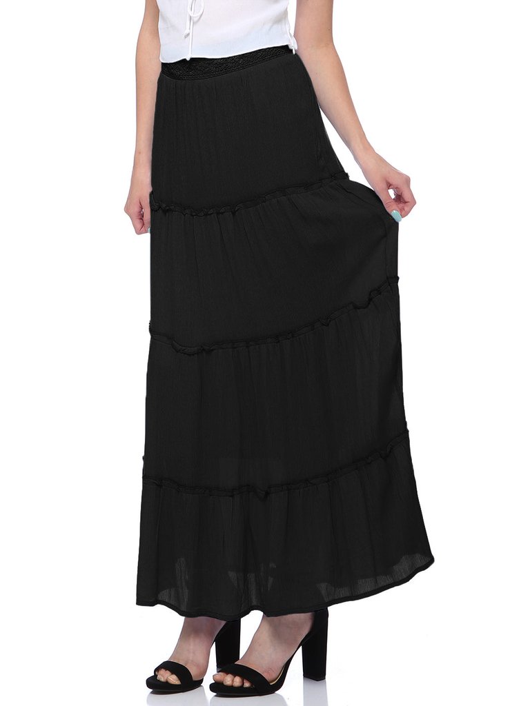 Maxi Bohemian Layered Skirt - Black