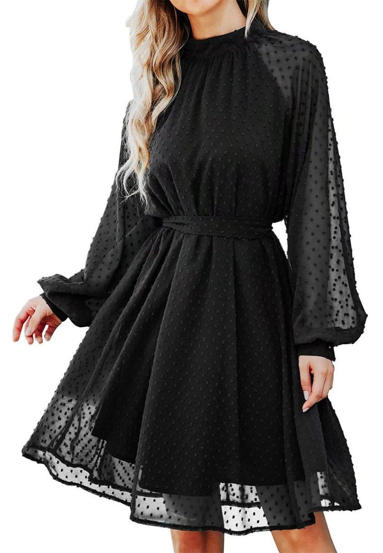 Mesh Sleeve Tie Back Dress - Black