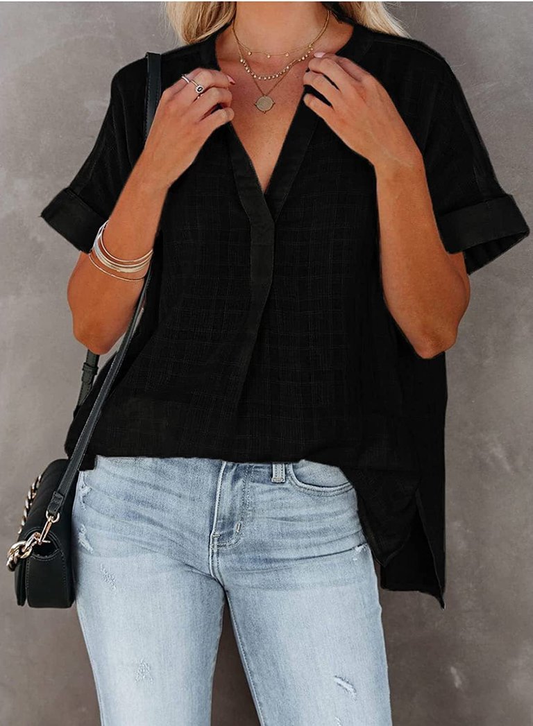 Minimal Plaid Tunic Blouse - Black