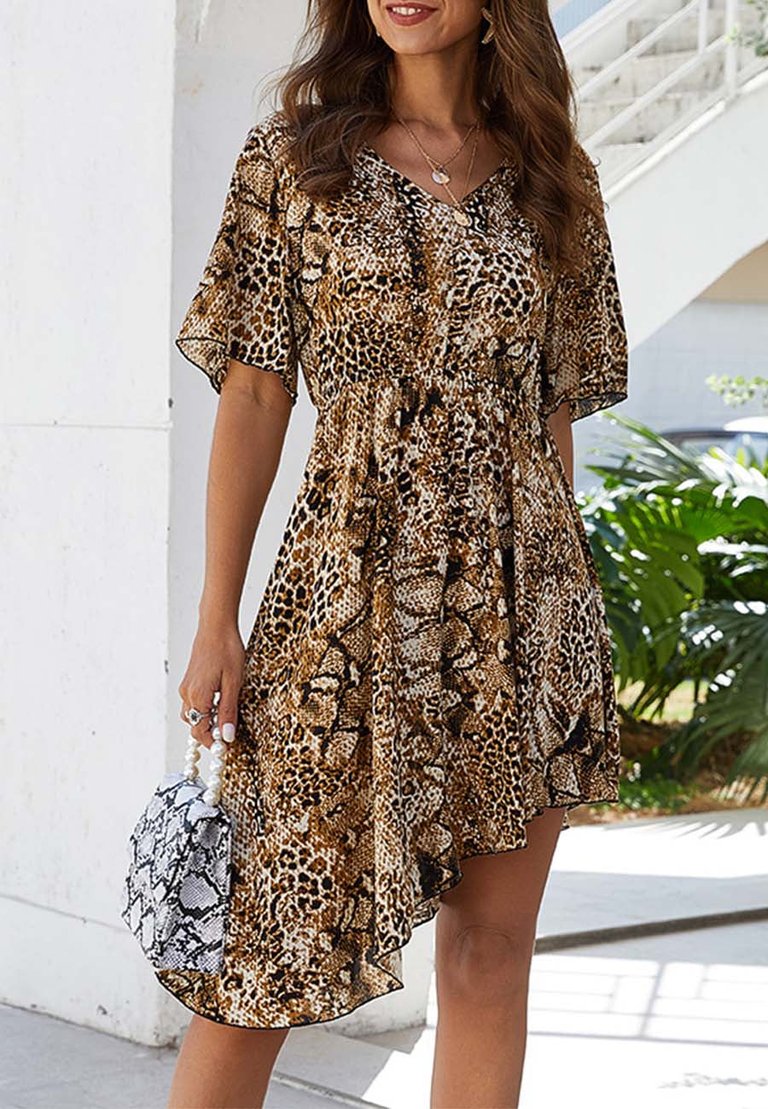 Mixed Animal Print Asymmetrical Dress - Brown