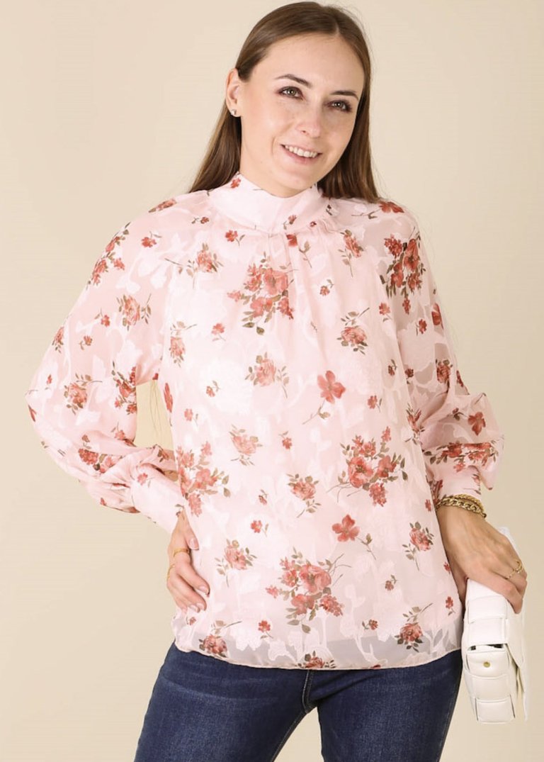 Multi-Floral Pattern Bishop Sleeve Blouse - Pink