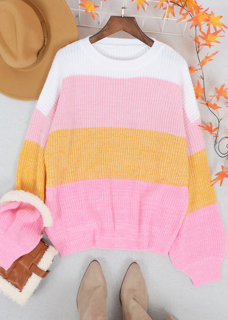 Multicolor Color Block Textured Sweater - Pink