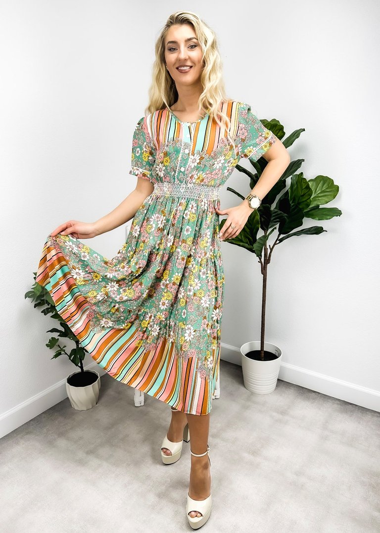 Multicolor Floral Retro Print Dress - Green