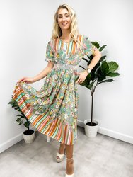 Multicolor Floral Retro Print Dress - Green