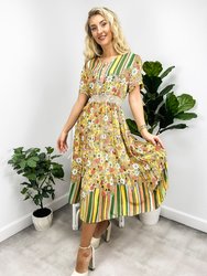 Multicolor Floral Retro Print Dress - Yellow