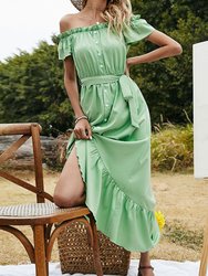Off Shoulder Belted Summer Dress - Green