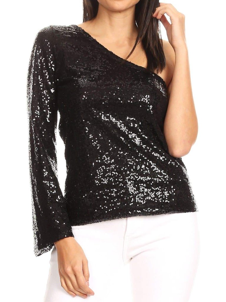 One Shoulder Long Sleeve Sequin Party Top - Black