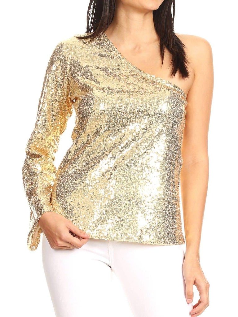 One Shoulder Long Sleeve Sequin Party Top - Gold