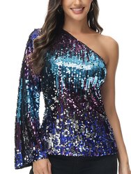 One Shoulder Long Sleeve Sequin Party Top - Midnight
