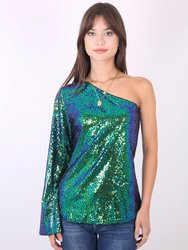 One Shoulder Long Sleeve Sequin Party Top - Mermaid